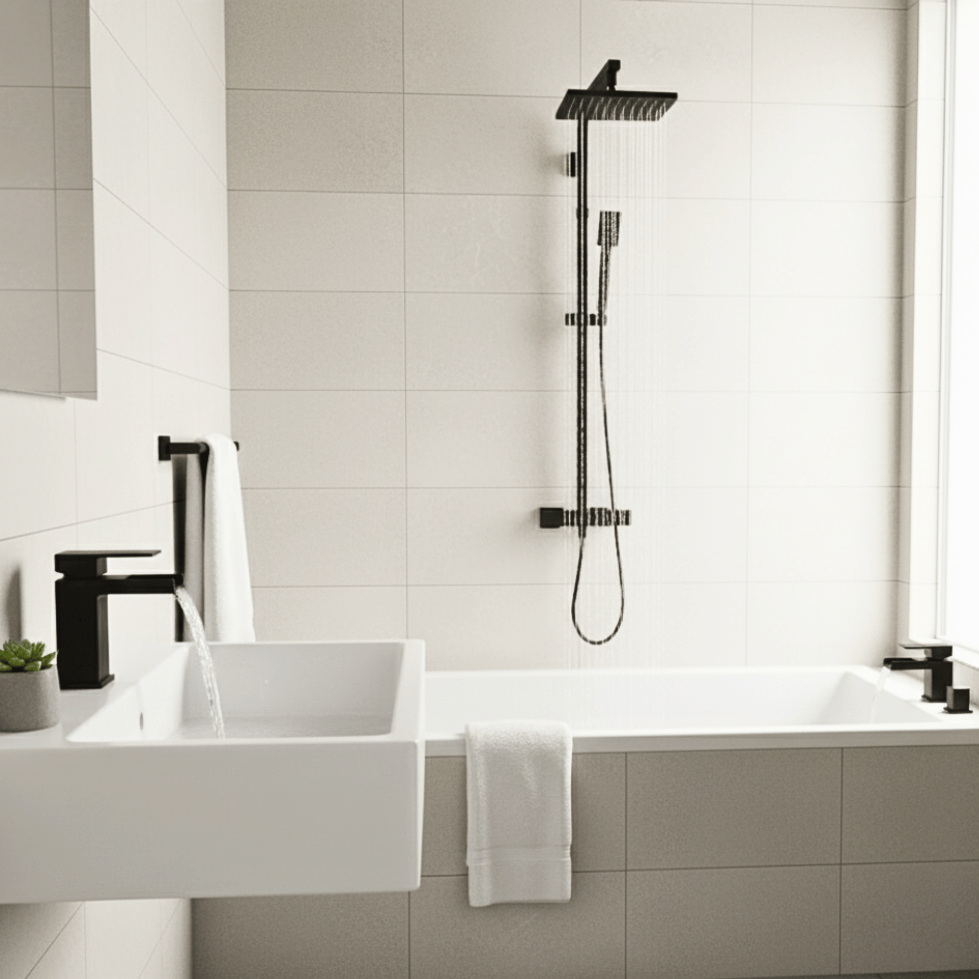 ARKO Waterfall Basin Mixer Tap, Bath Filler & Thermostatic Mixer Shower Set with Bath Waste – Black