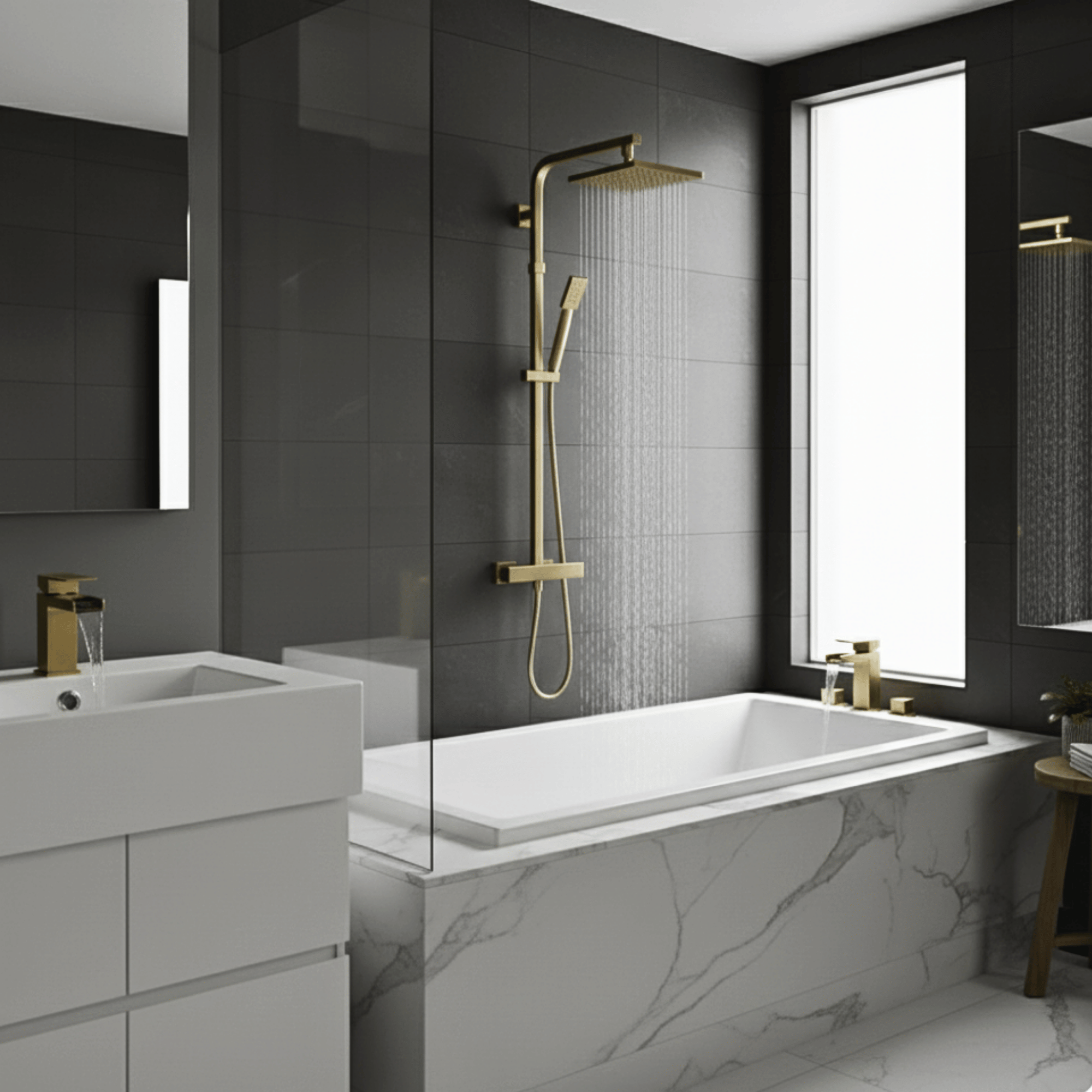 ARKO Waterfall Basin Mixer Tap, Bath Filler & Thermostatic Mixer Shower Set with Bath Waste – Brass