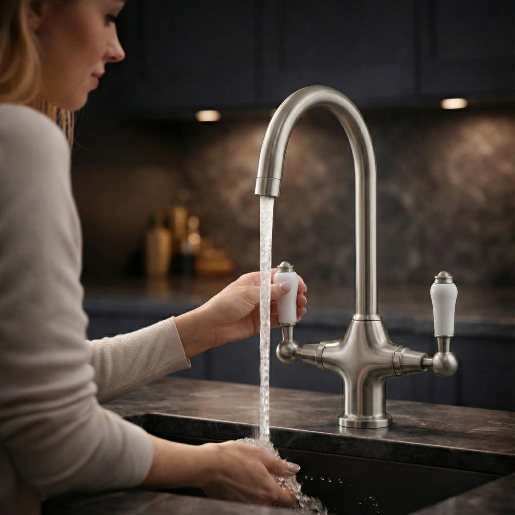 Arko Harrogate Twin Lever Kitchen Sink Mixer Tap Swivel Spout - Brushed Nickel