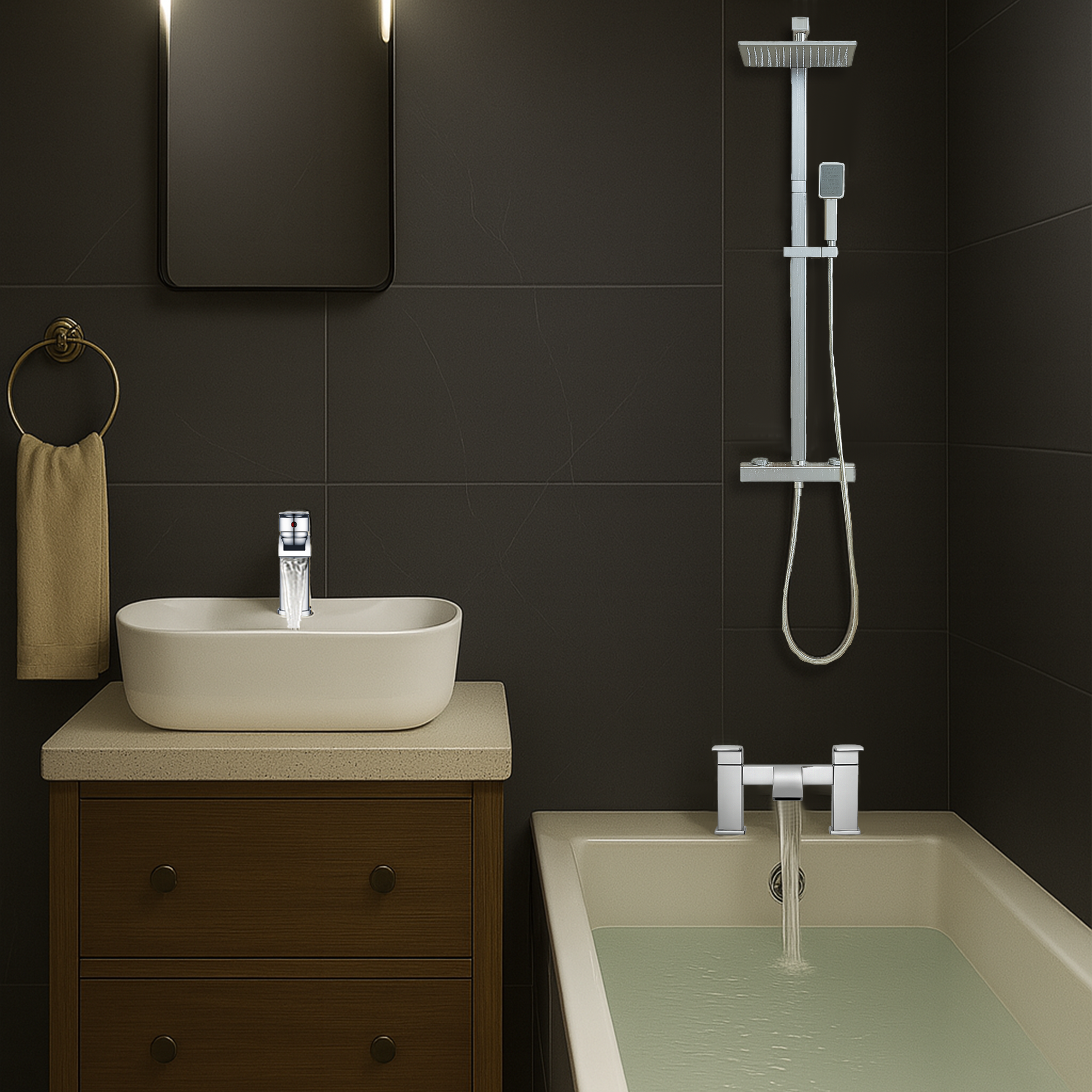 ARKO Vista Basin Mixer Tap, Bath Filler & Thermostatic Mixer Shower Set with Bath Waste – Chrome