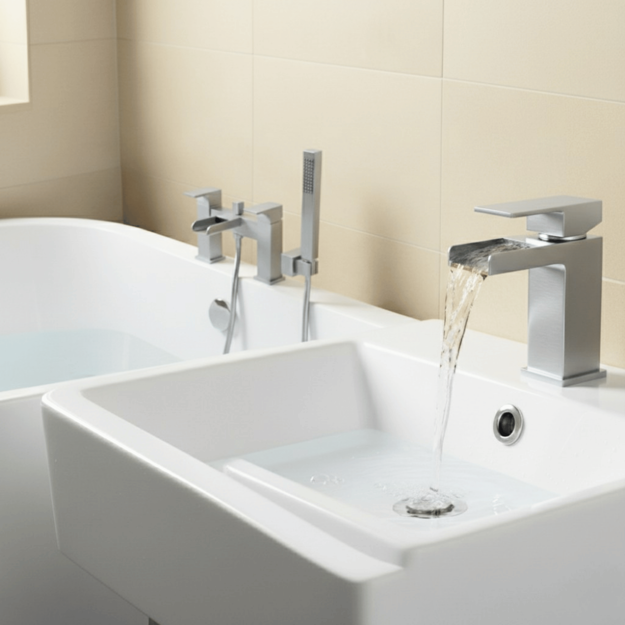 Arko Waterfall Basin Mixer Tap & Bath Shower Set with Bath Waste – Chrome