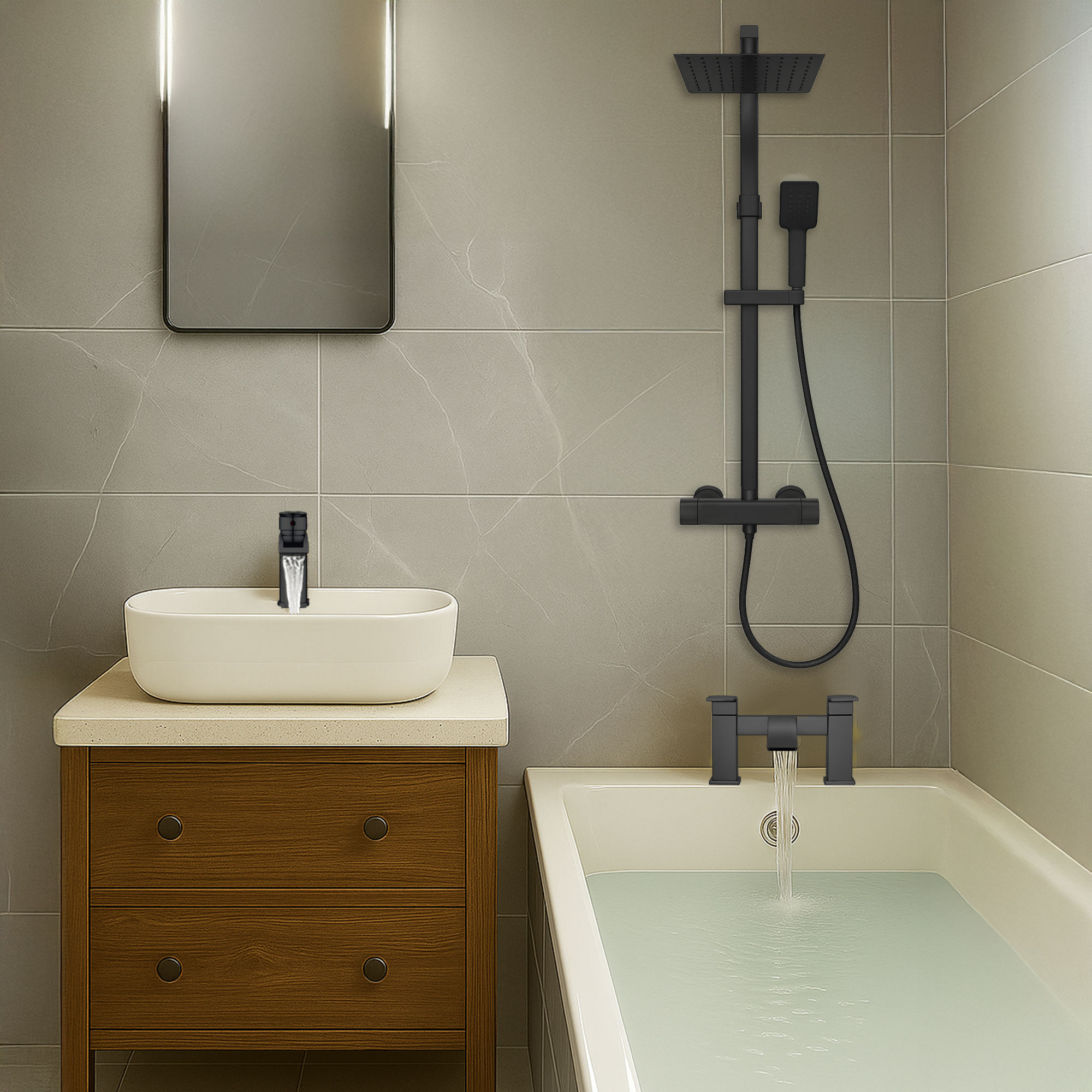 ARKO Vista Basin Mixer Tap, Bath Filler & Thermostatic Mixer Shower Set with Bath Waste – Black