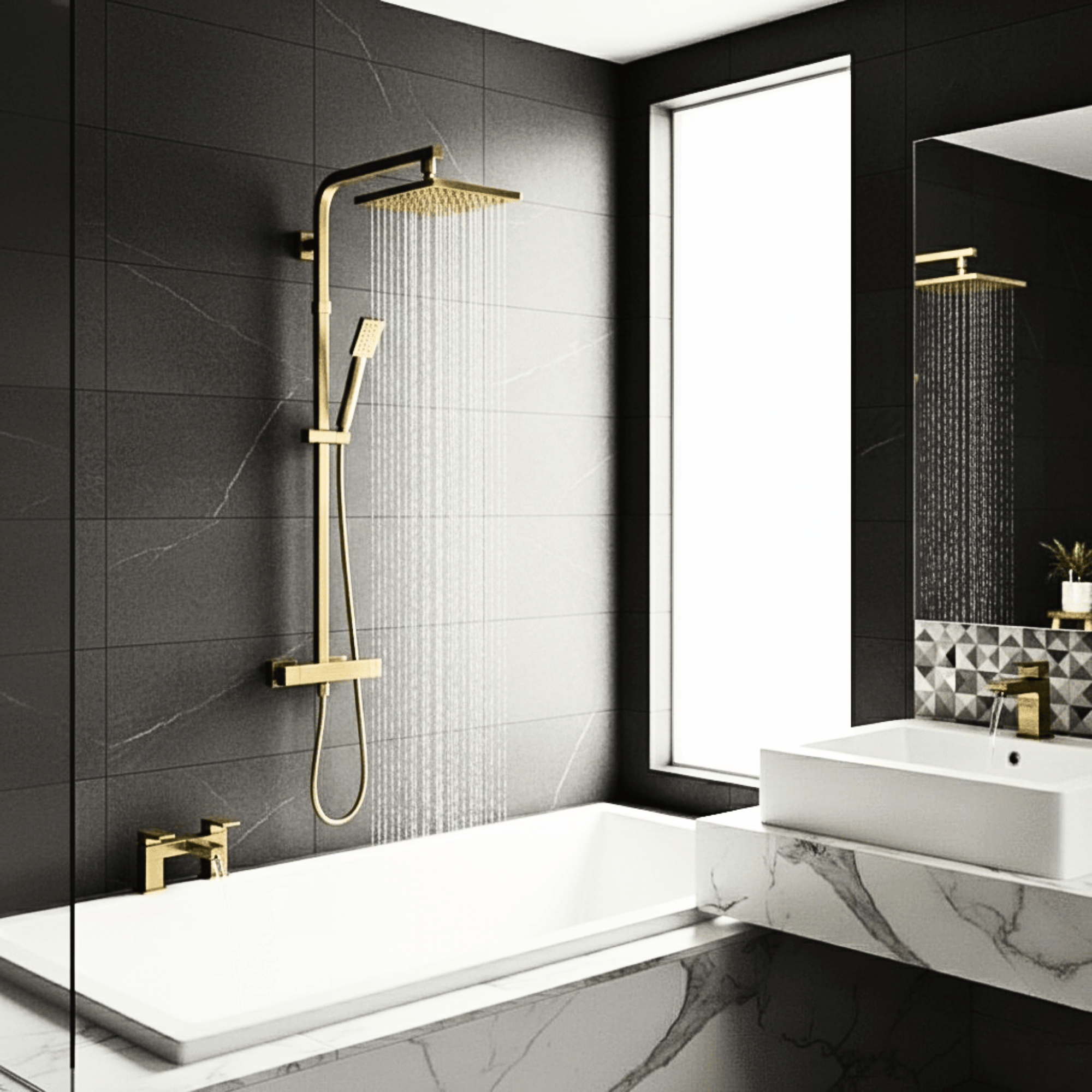 ARKO Verda Basin Mixer Tap, Bath Filler & Thermostatic Mixer Shower Set with Bath Waste – Brass