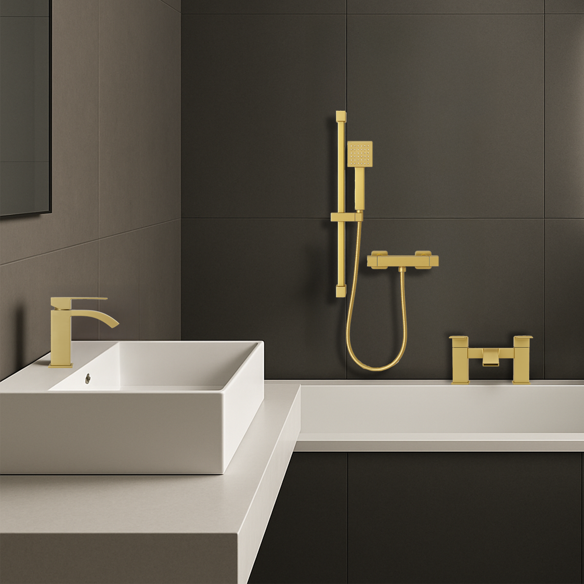 ARKO Vista Basin Mixer Tap, Bath Filler & Handheld Shower Set with Bath Waste – Brass