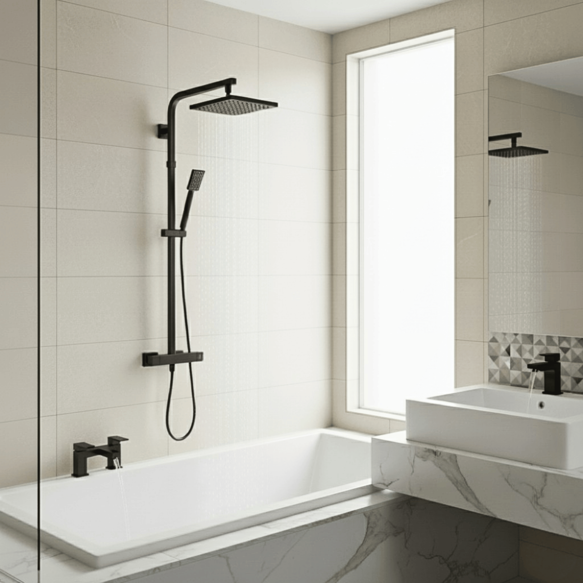 ARKO Verda Basin Mixer Tap, Bath Filler & Thermostatic Mixer Shower Set with Bath Waste – Black