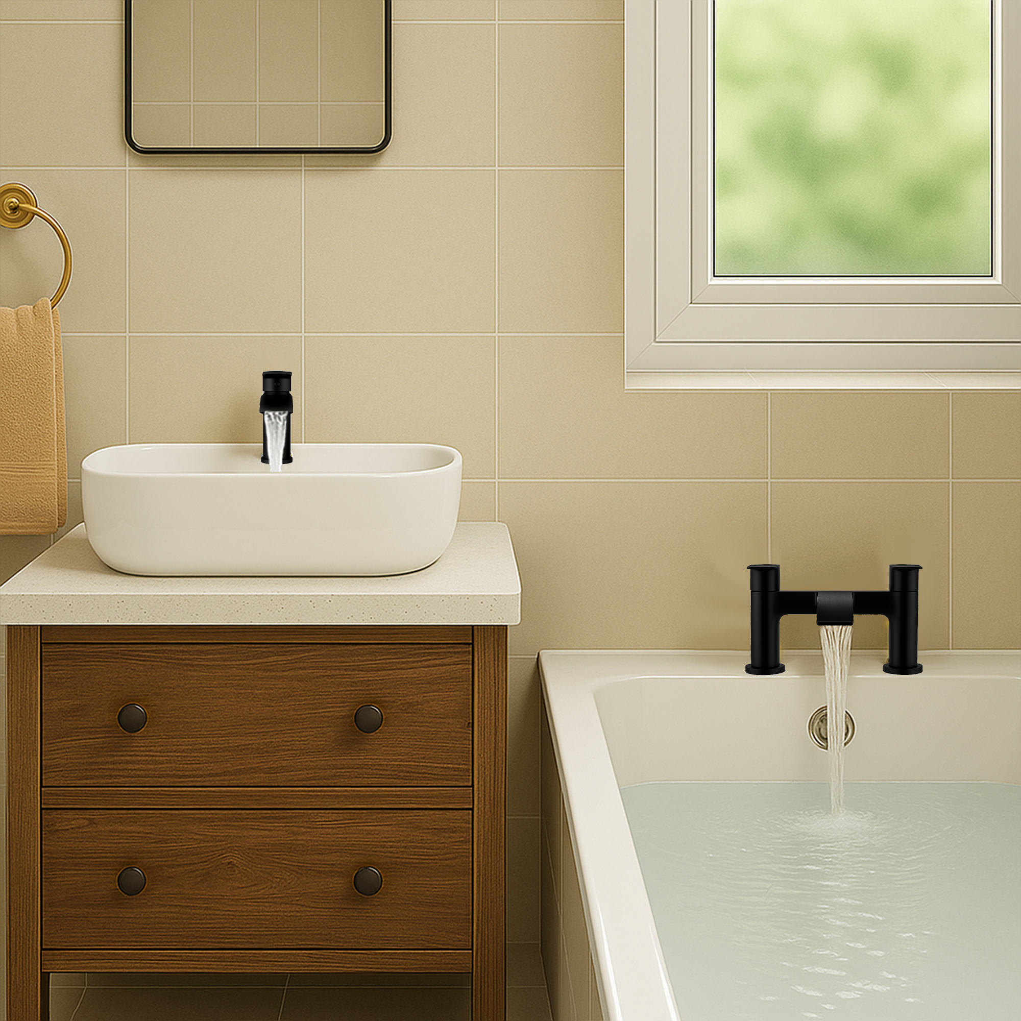 Arko Capri Bath and Basin Mixer Tap with Bath Waste Set - Black
