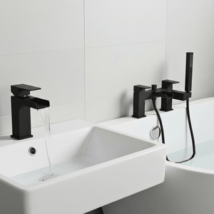 Arko Waterfall Basin Mixer Tap & Bath Shower Set with Bath Waste – Black