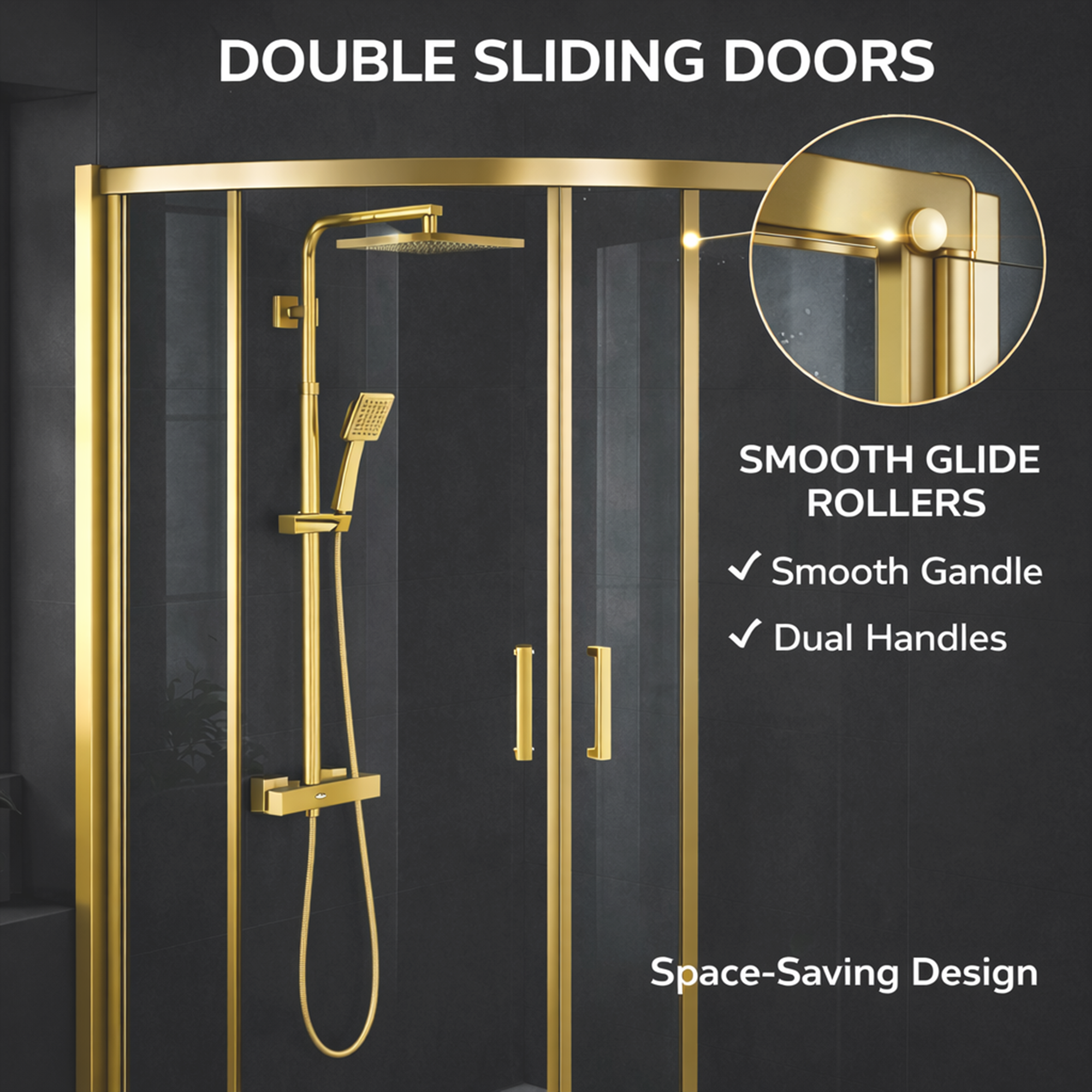 ARKO Square Rainfall Shower System with Handheld Spray & Curved Glass Sliding Shower Enclosure with Tray - Brass