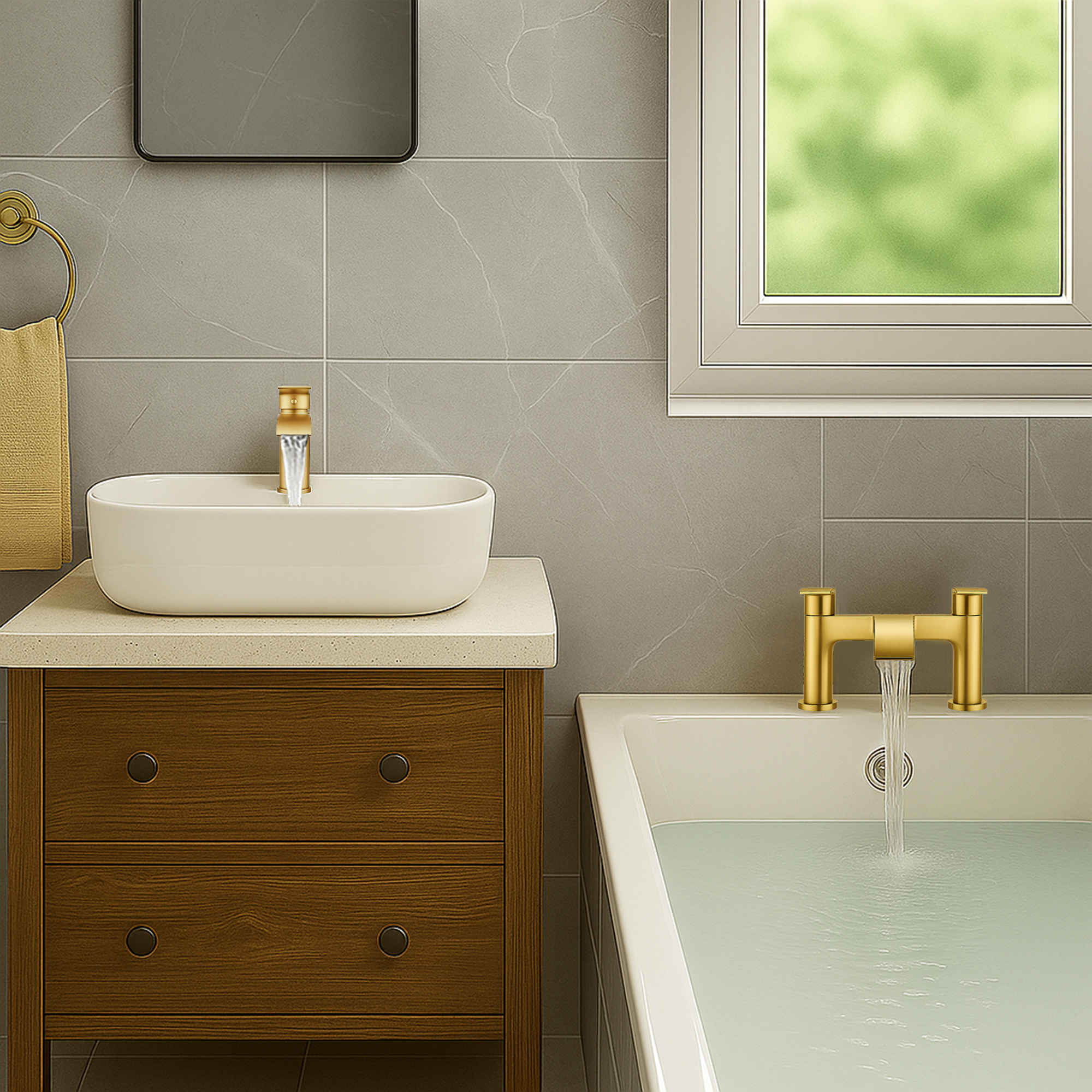 Arko Capri Bath and Basin Mixer Tap with Bath Waste Set - Brass
