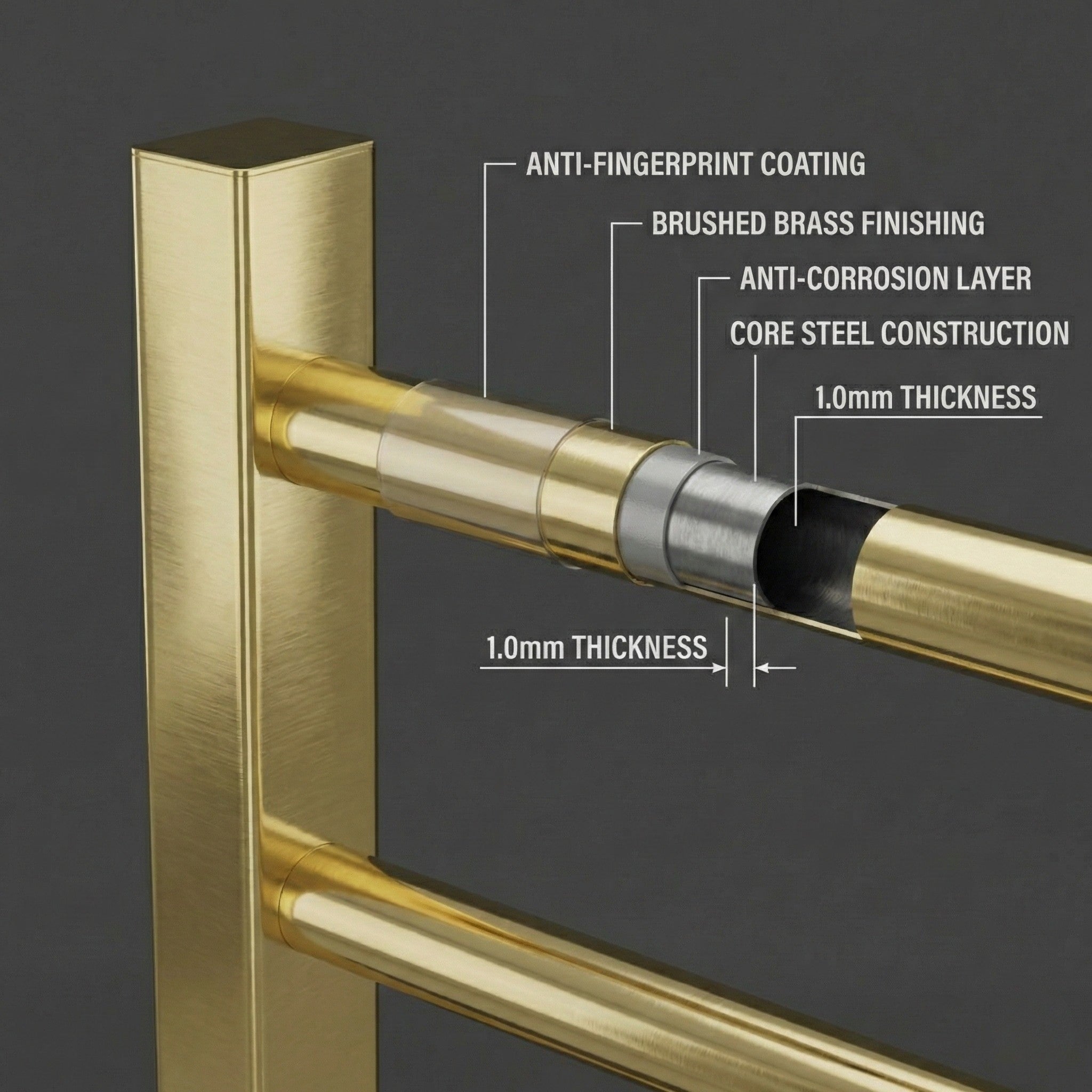 Arko Heated Towel Rail – Brass – 500 x 1200mm – Straight Bars