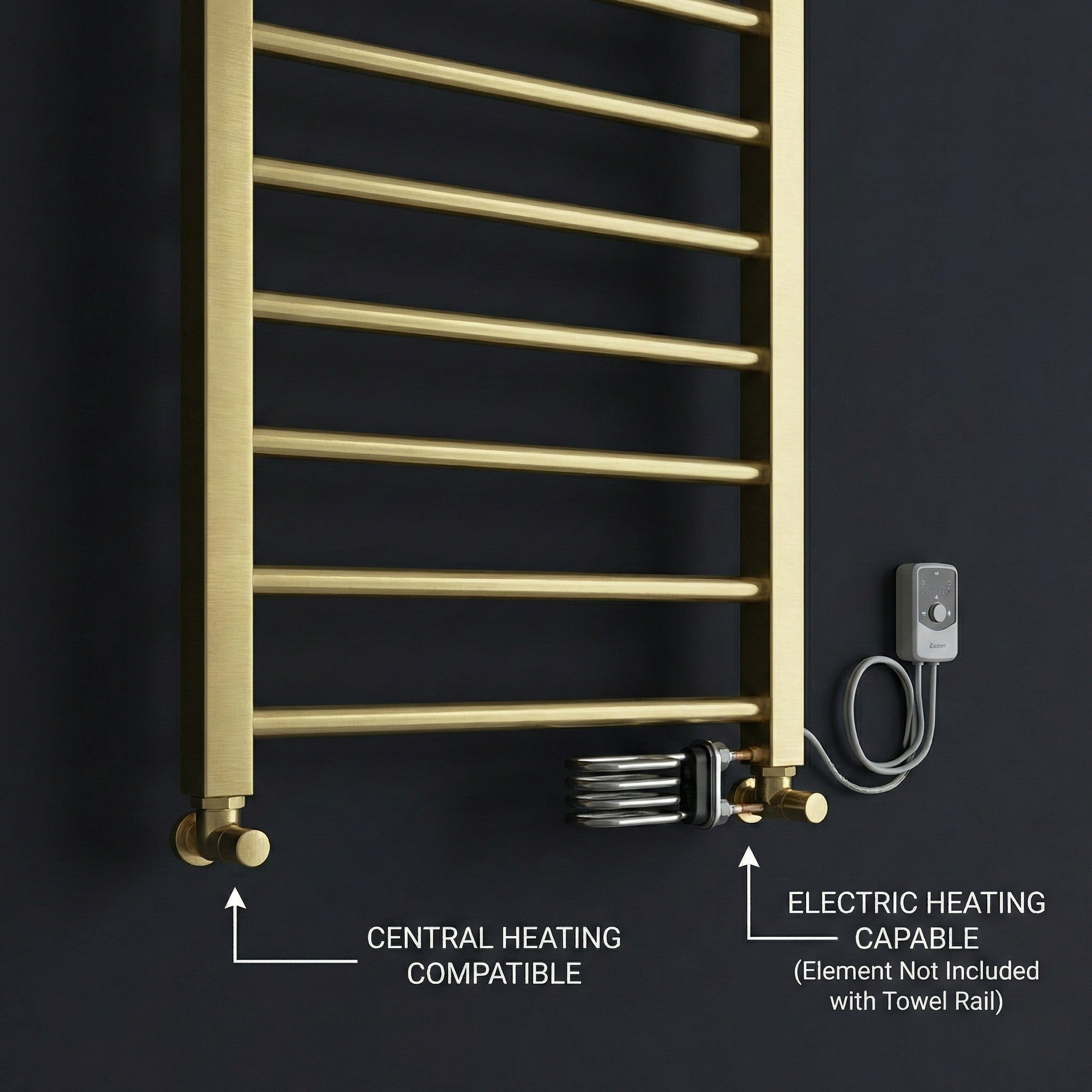Arko Heated Towel Rail – Brass – 500 x 1200mm – Straight Bars