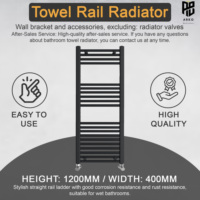 ARKO Black Heated Towel Rail 400x1200mm – Wall Mounted Ladder Radiator