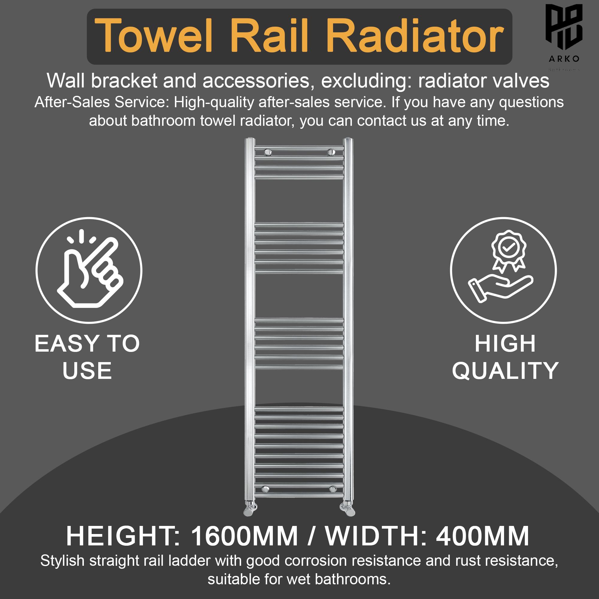 ARKO Chrome Heated Towel Rail 400x1600mm – Wall Mounted Ladder Radiator