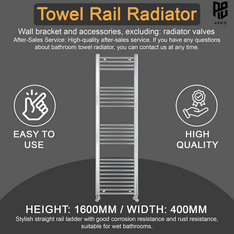 ARKO Chrome Heated Towel Rail 400x1600mm – Wall Mounted Ladder Radiator
