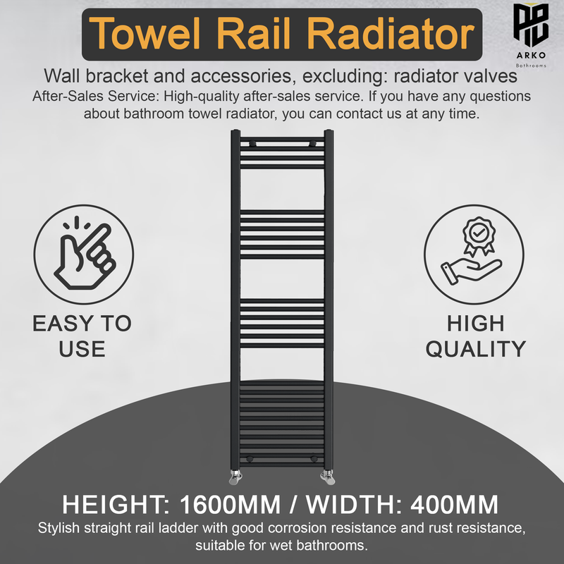 ARKO Black Heated Towel Rail 400x1600mm – Wall Mounted Ladder Radiator