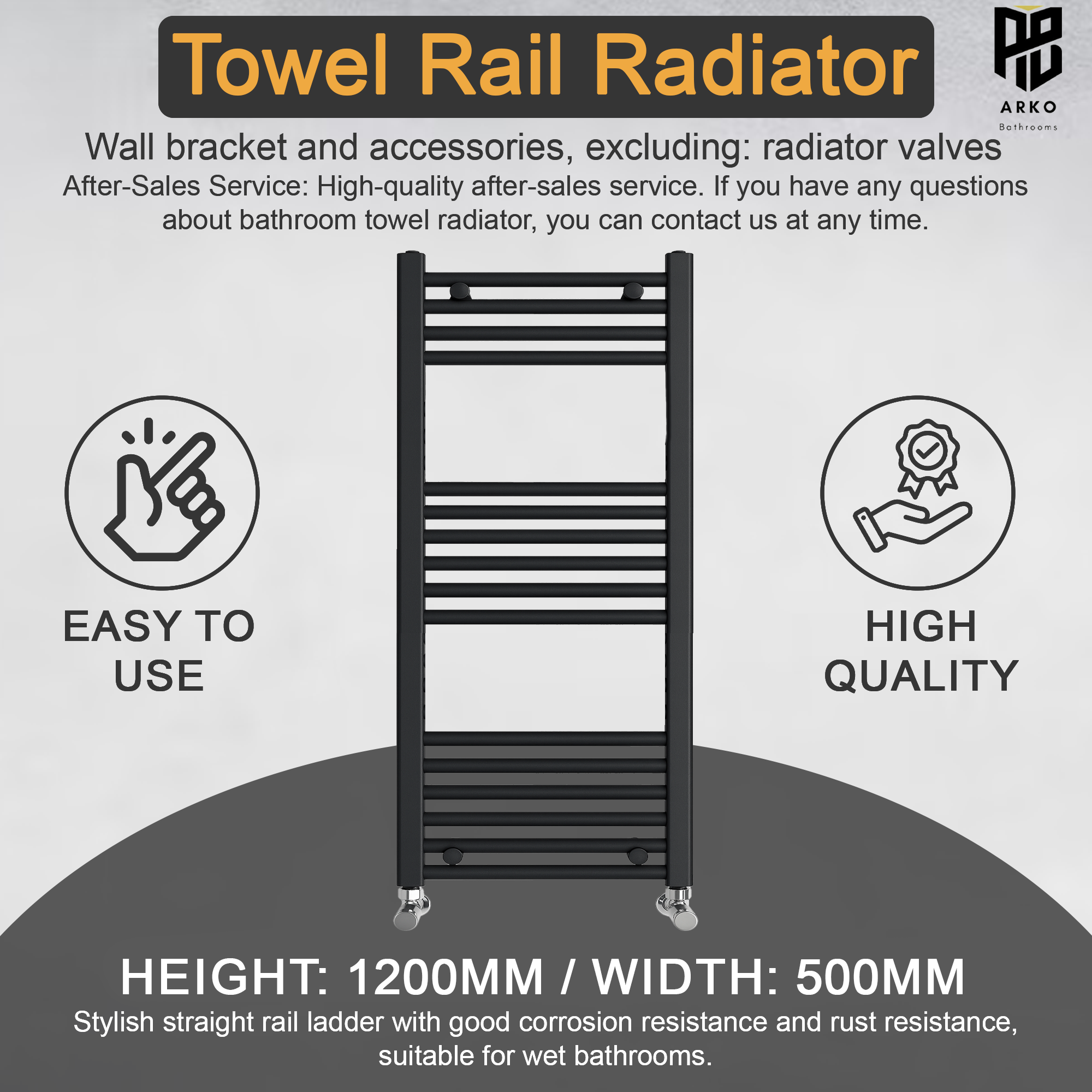 ARKO Black Heated Towel Rail 500x1000mm – Wall Mounted Ladder Radiator