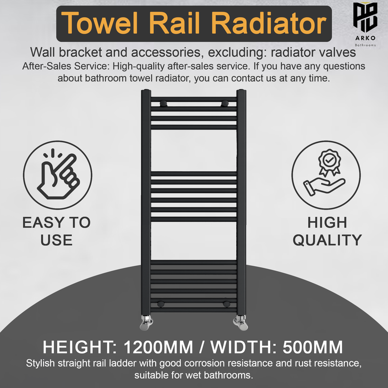 ARKO Black Heated Towel Rail 500x1000mm – Wall Mounted Ladder Radiator