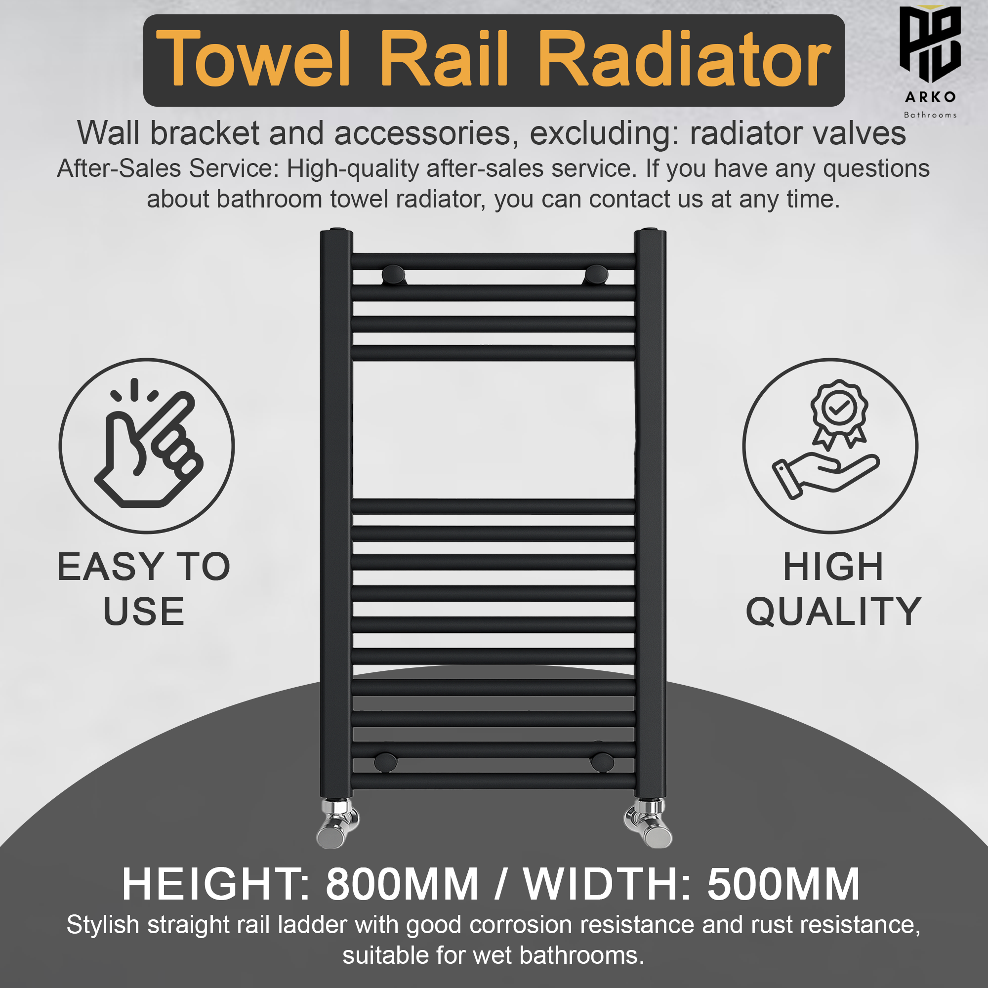 ARKO Black Heated Towel Rail 500x800mm – Wall Mounted Ladder Radiator