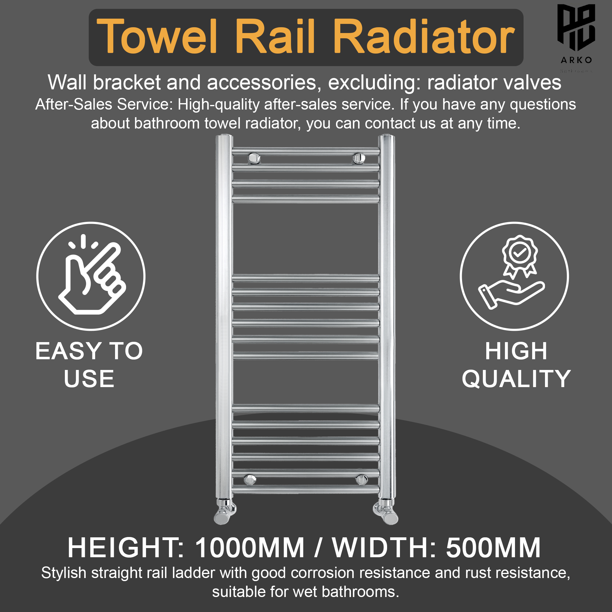 ARKO Chrome Heated Towel Rail 500x1000mm – Wall Mounted Ladder Radiator