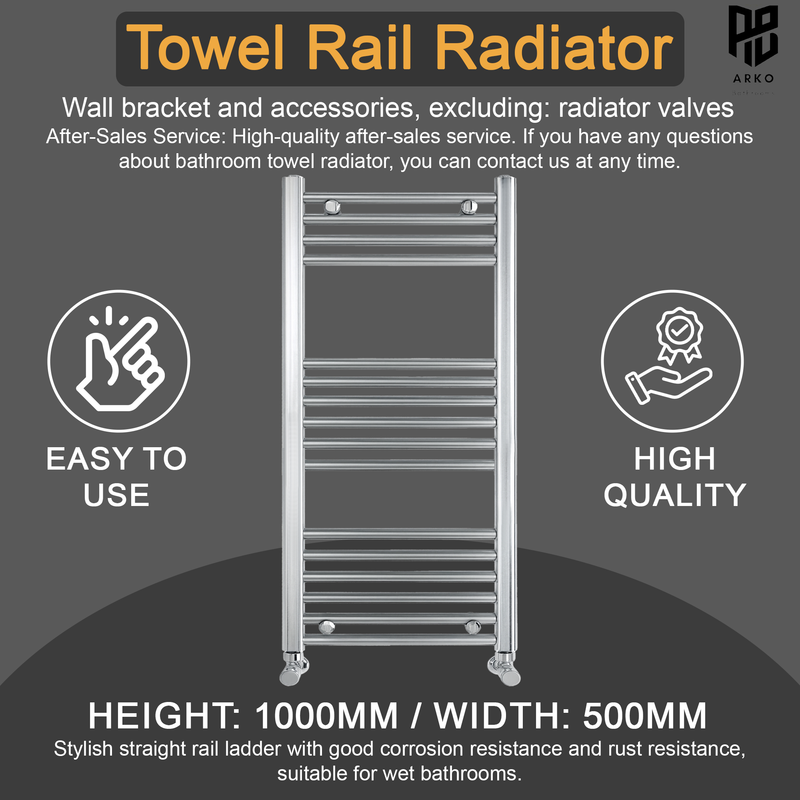 ARKO Chrome Heated Towel Rail 500x1000mm – Wall Mounted Ladder Radiator