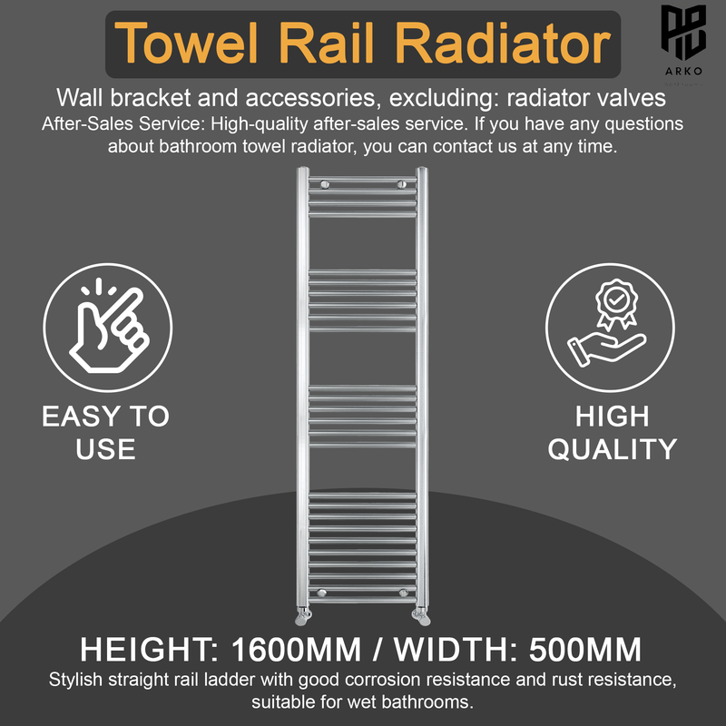 ARKO Chrome Heated Towel Rail 500x1600mm – Wall Mounted Ladder Radiator