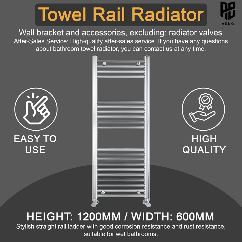 ARKO Chrome Heated Towel Rail 600x1200mm – Wall Mounted Ladder Radiator