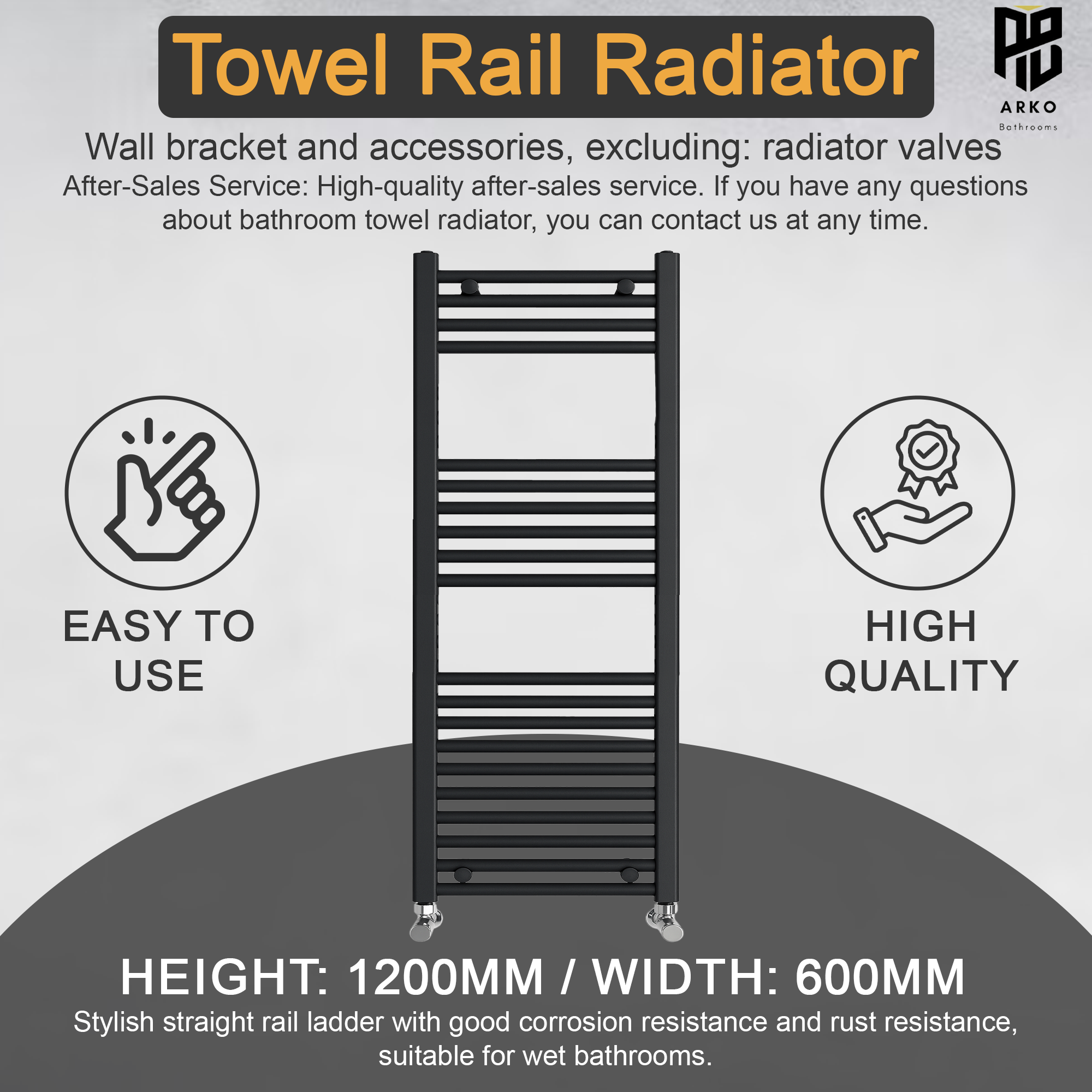 ARKO Black Heated Towel Rail 600x1200mm – Wall Mounted Ladder Radiator