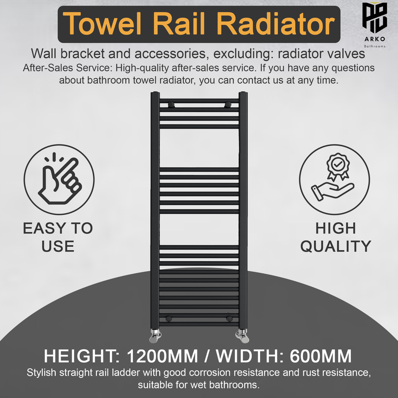 ARKO Black Heated Towel Rail 600x1200mm – Wall Mounted Ladder Radiator