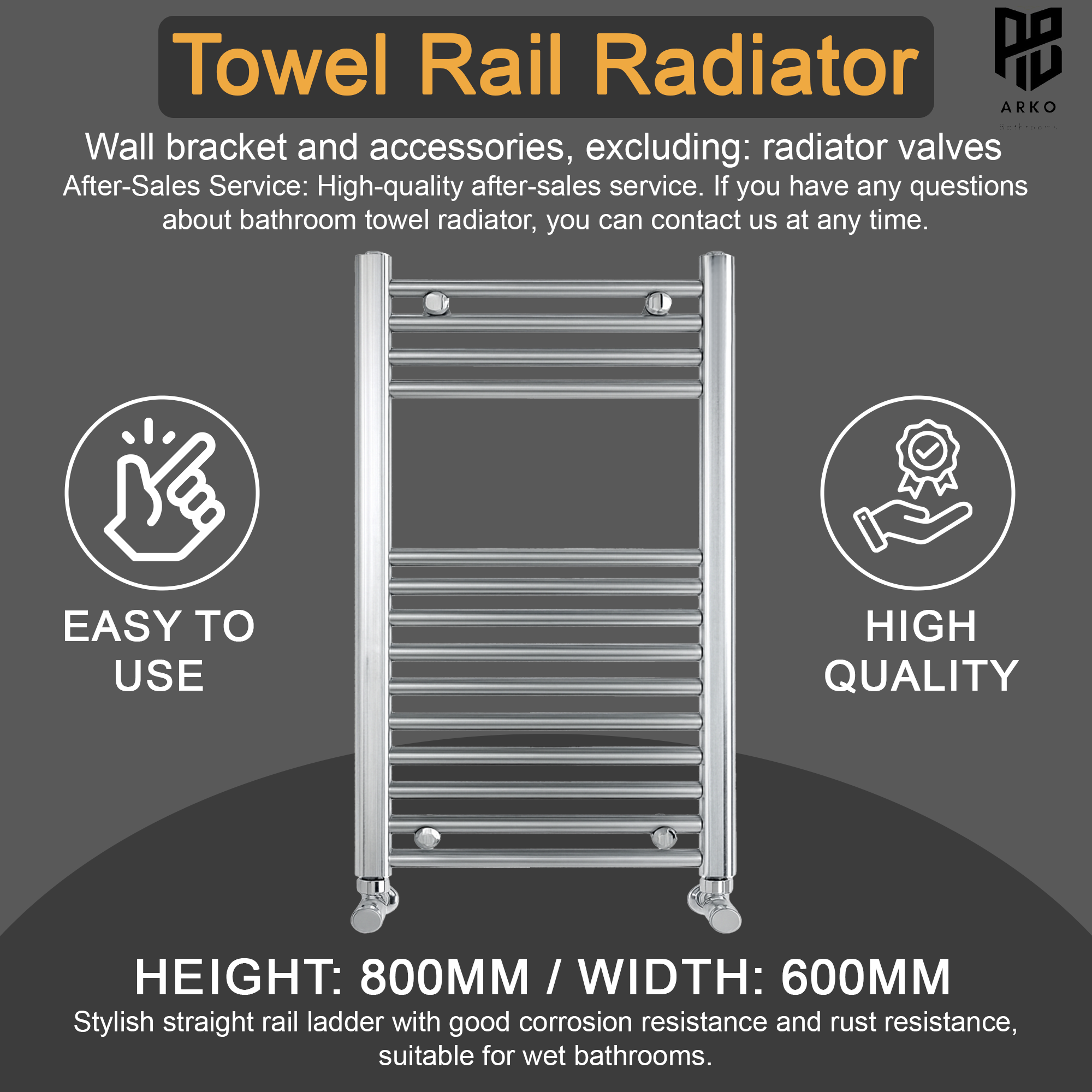 ARKO Chrome Heated Towel Rail 600x800mm – Wall Mounted Ladder Radiator