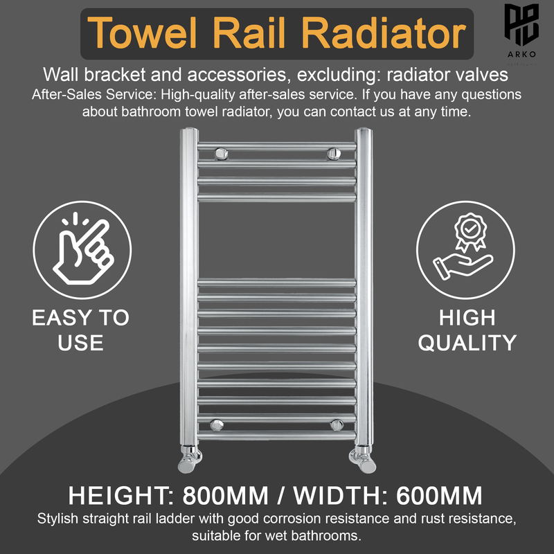 ARKO Chrome Heated Towel Rail 600x800mm – Wall Mounted Ladder Radiator