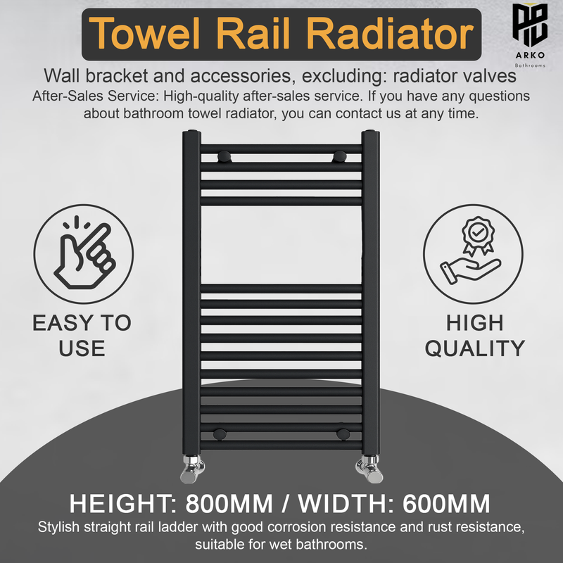 ARKO Black Heated Towel Rail 600x800mm – Wall Mounted Ladder Radiator