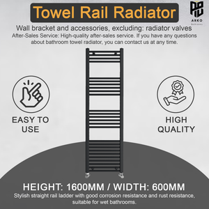 ARKO Black Heated Towel Rail 600x1600mm – Wall Mounted Ladder Radiator