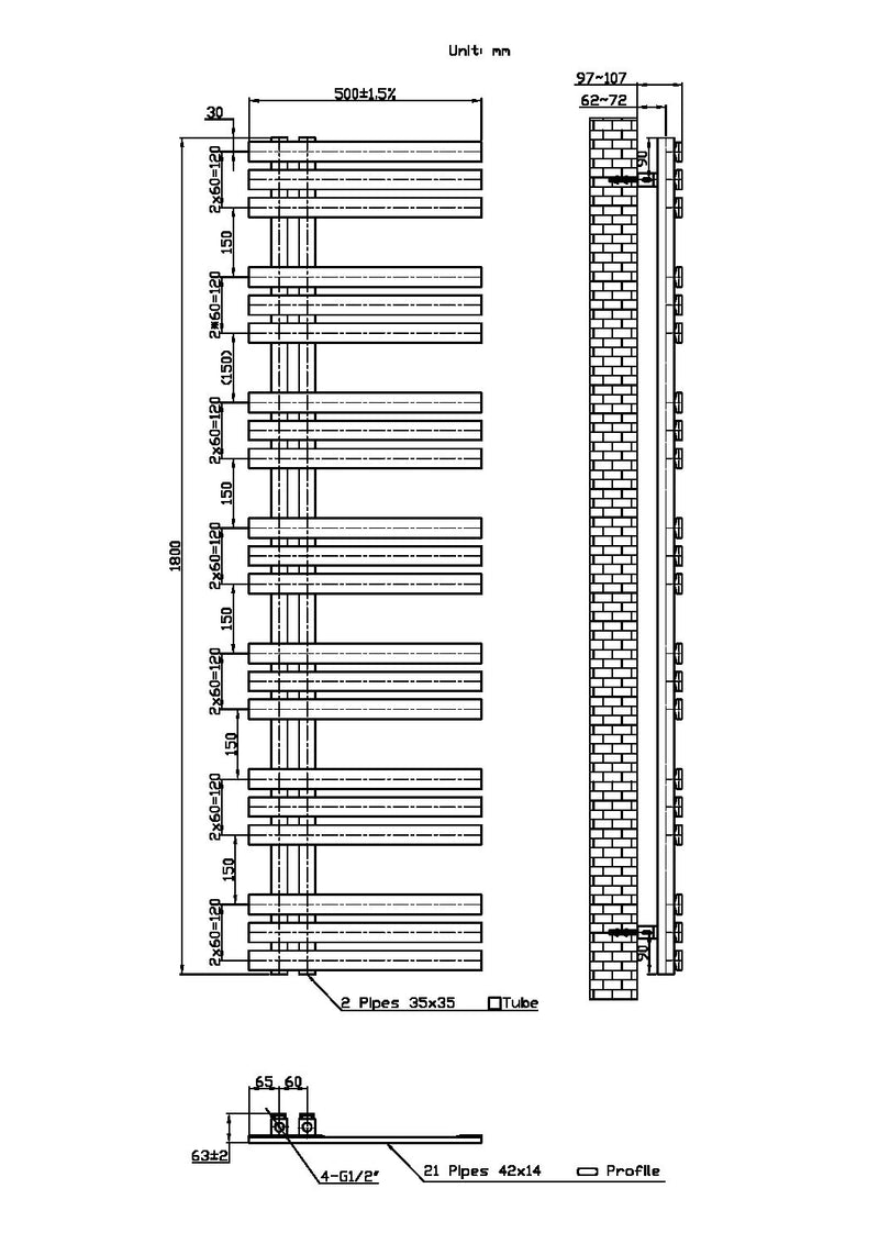 Lizz 500X1800 Carbon Anthracite Towel Rail
