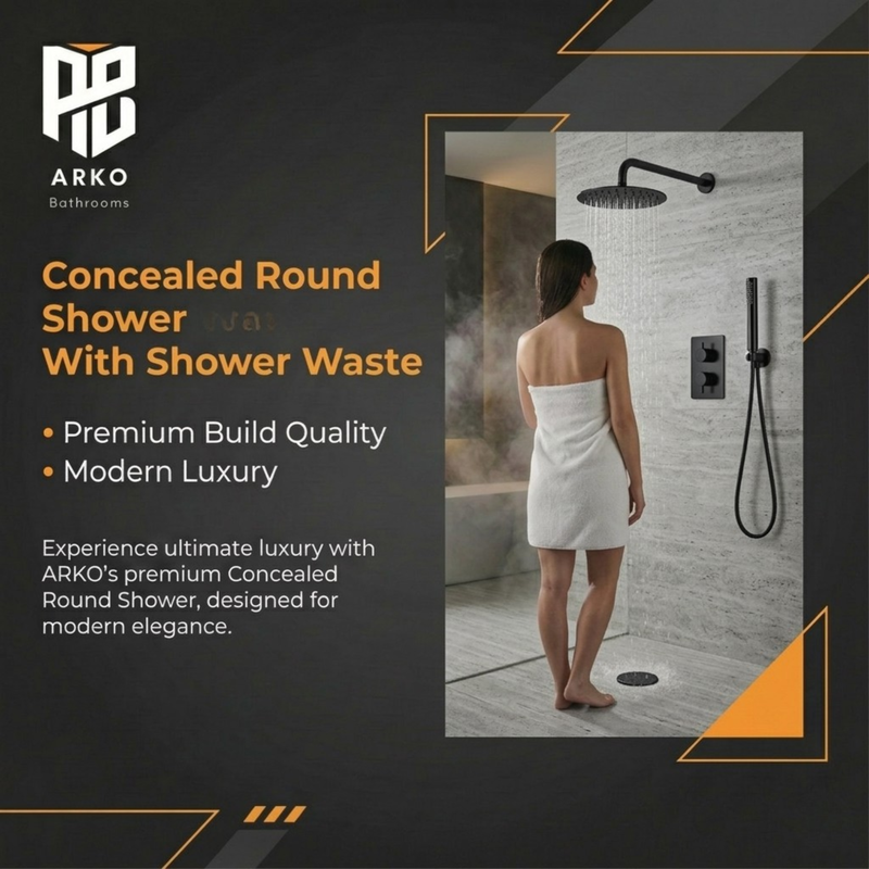 ARKO Round Concealed Thermostatic Shower Mixer 2 Dial Twin Head with Valve, Handset & Shower Waste – Black