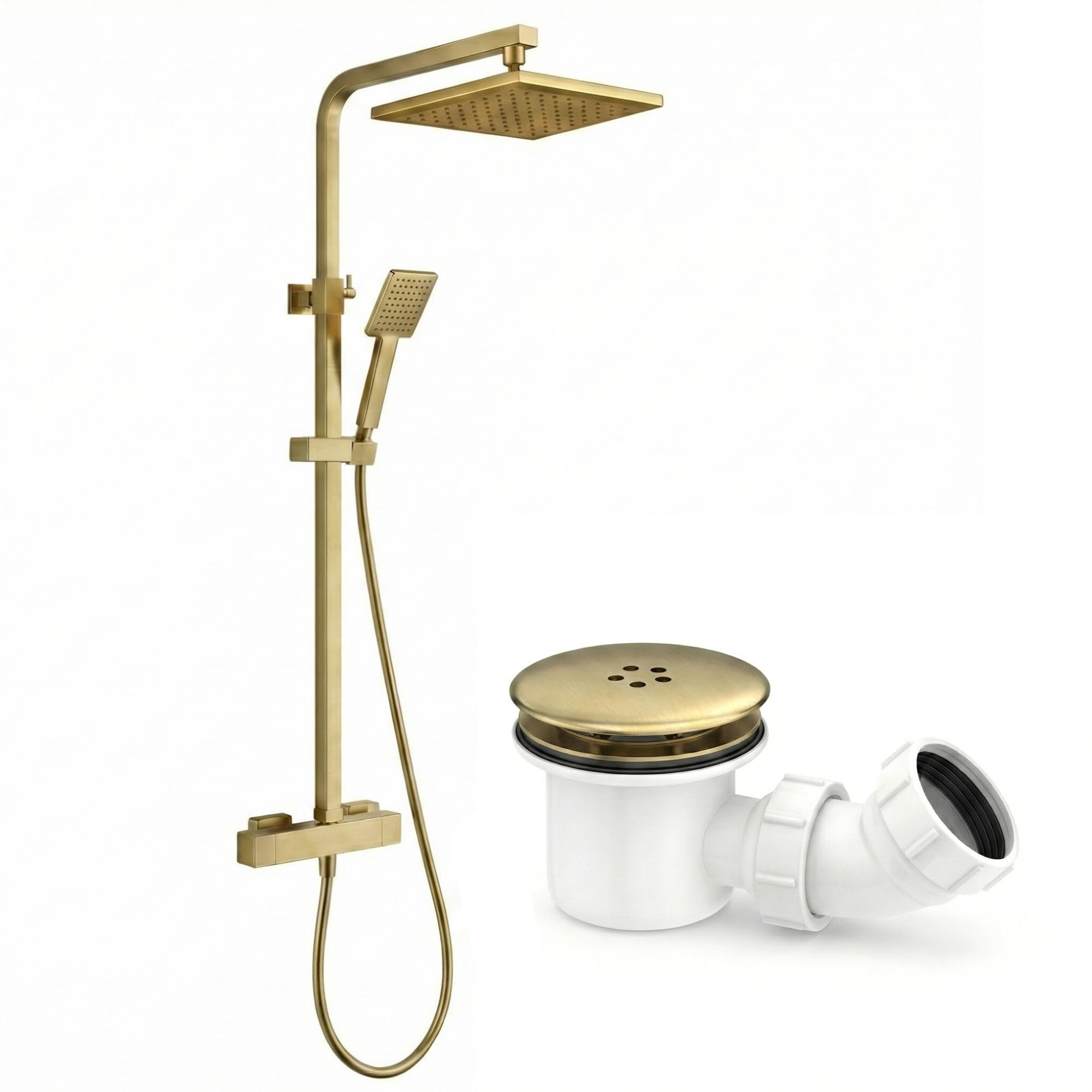 ARKO Bathroom Square Thermostatic Mixer Shower with Riser Rail, Shower Waste & Twin head - Brass