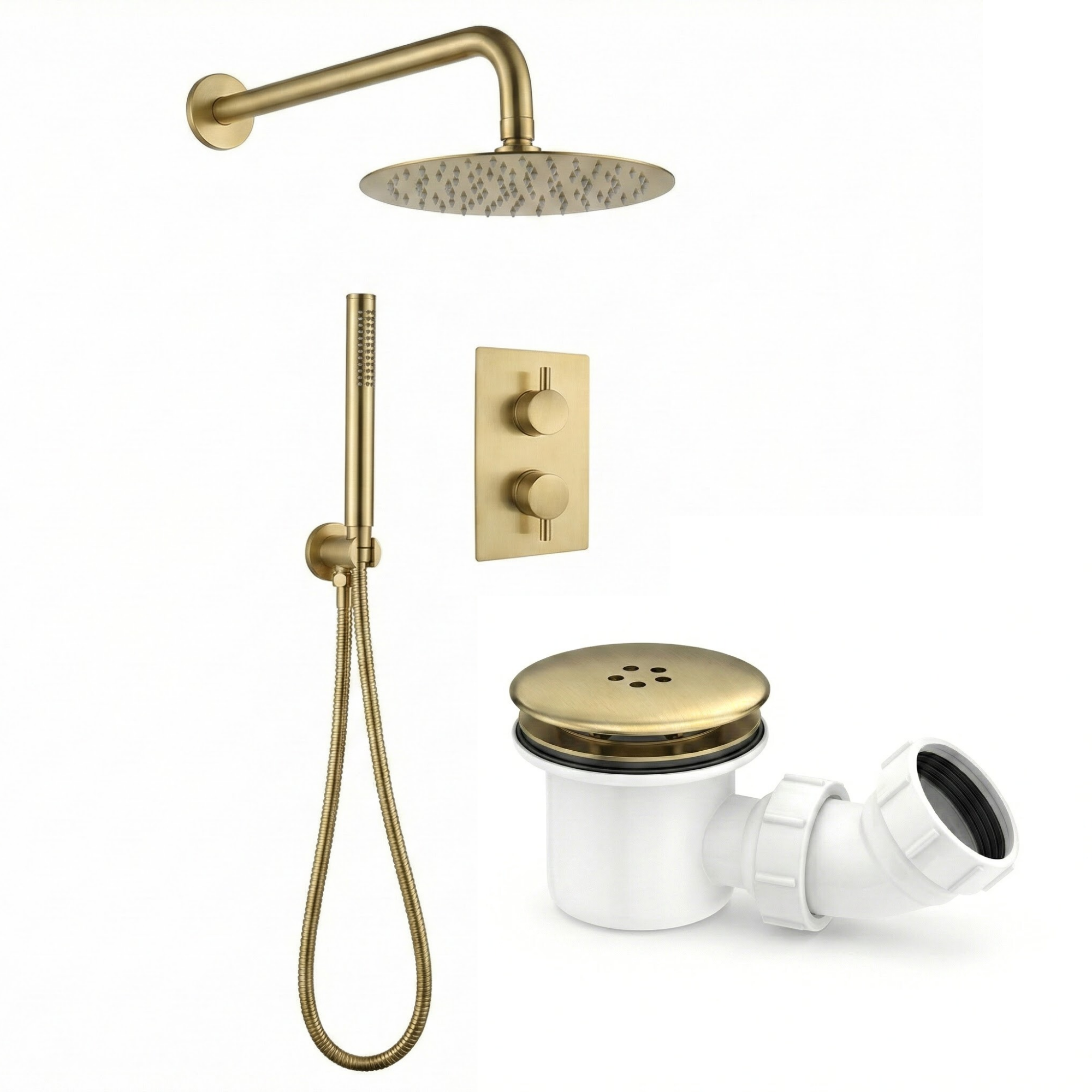 ARKO Round Concealed Thermostatic Shower Mixer 2 Dial Twin Head with Valve, Handset & Shower Waste – Brass
