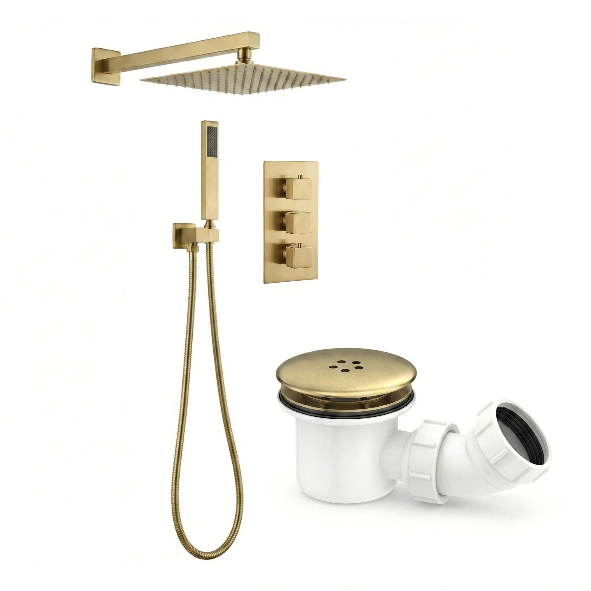 ARKO Square Concealed Thermostatic Shower Mixer 2 Dial Twin Head with Valve, Handset & Shower Waste – Brass