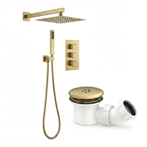 ARKO Square Concealed Thermostatic Shower Mixer 3 Dial Twin Head with Valve, Handset & Shower Waste – Brass