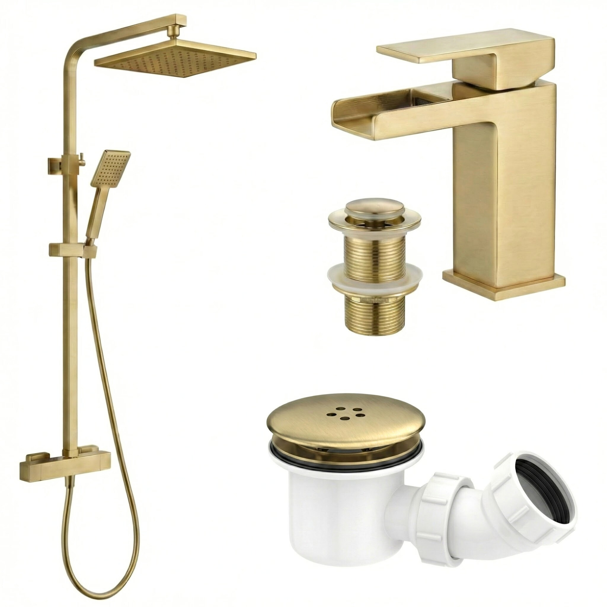 Arko Bathroom Waterfall Mixer Shower & Basin Mixer Tap Sets with Bath Shower Waste – Brass