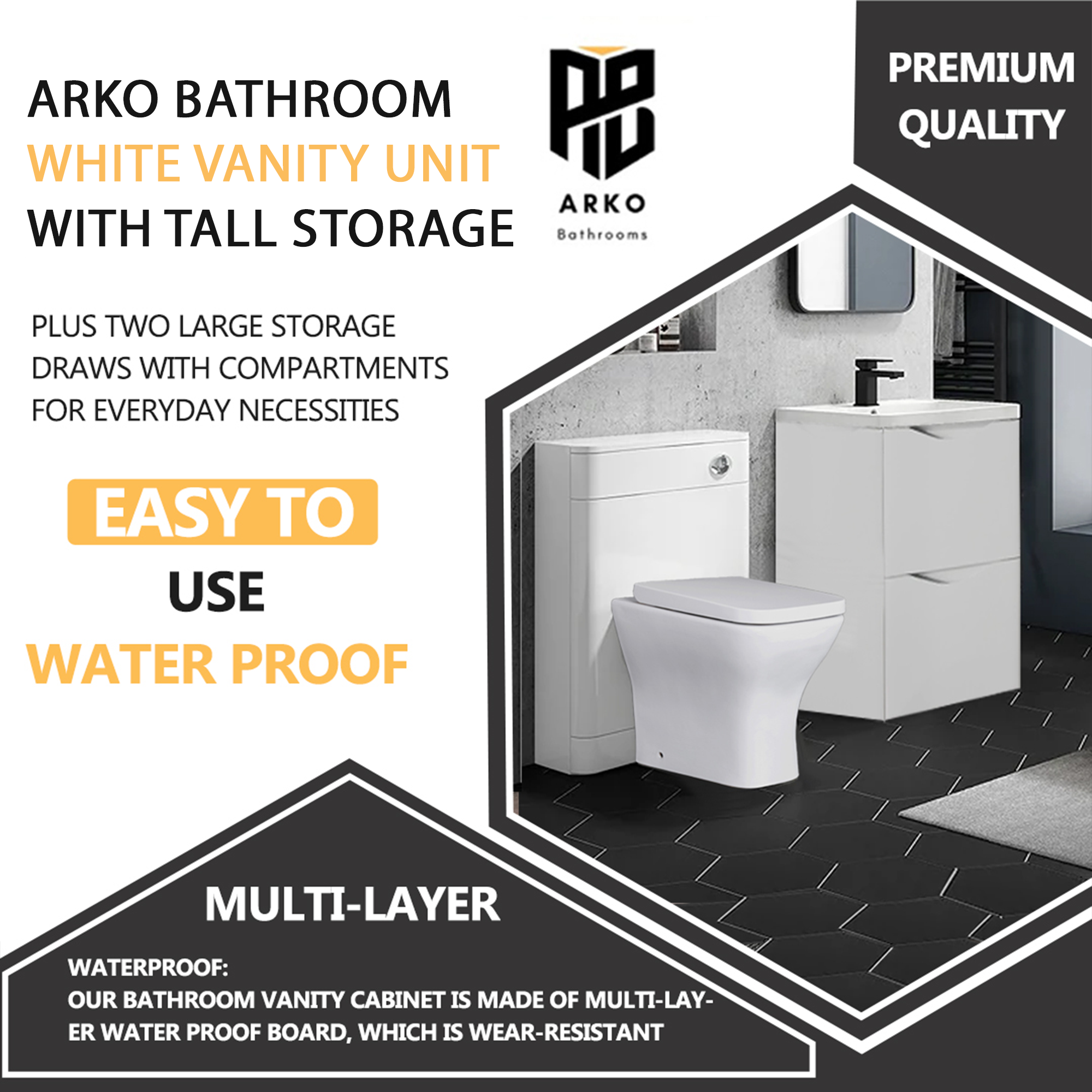 Arko Bathroom Furniture Set 600mm Vanity Unit with Basin, BTW WC Unit with Soft-Close Seat & 1500mm Tall Storage Cabinet –White