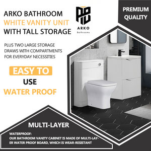 Arko Bathroom Furniture Set 600mm Vanity Unit with Basin, BTW WC Unit with Soft-Close Seat & 1500mm Tall Storage Cabinet –White