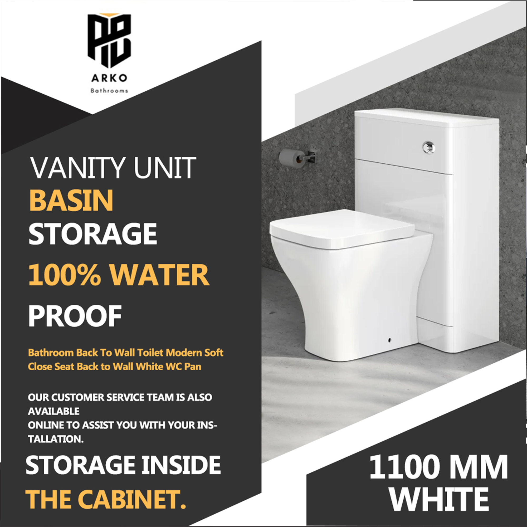 Arko Bathroom Furniture Set 600mm Vanity Unit with Basin, BTW WC Unit with Soft-Close Seat & 1500mm Tall Storage Cabinet –White