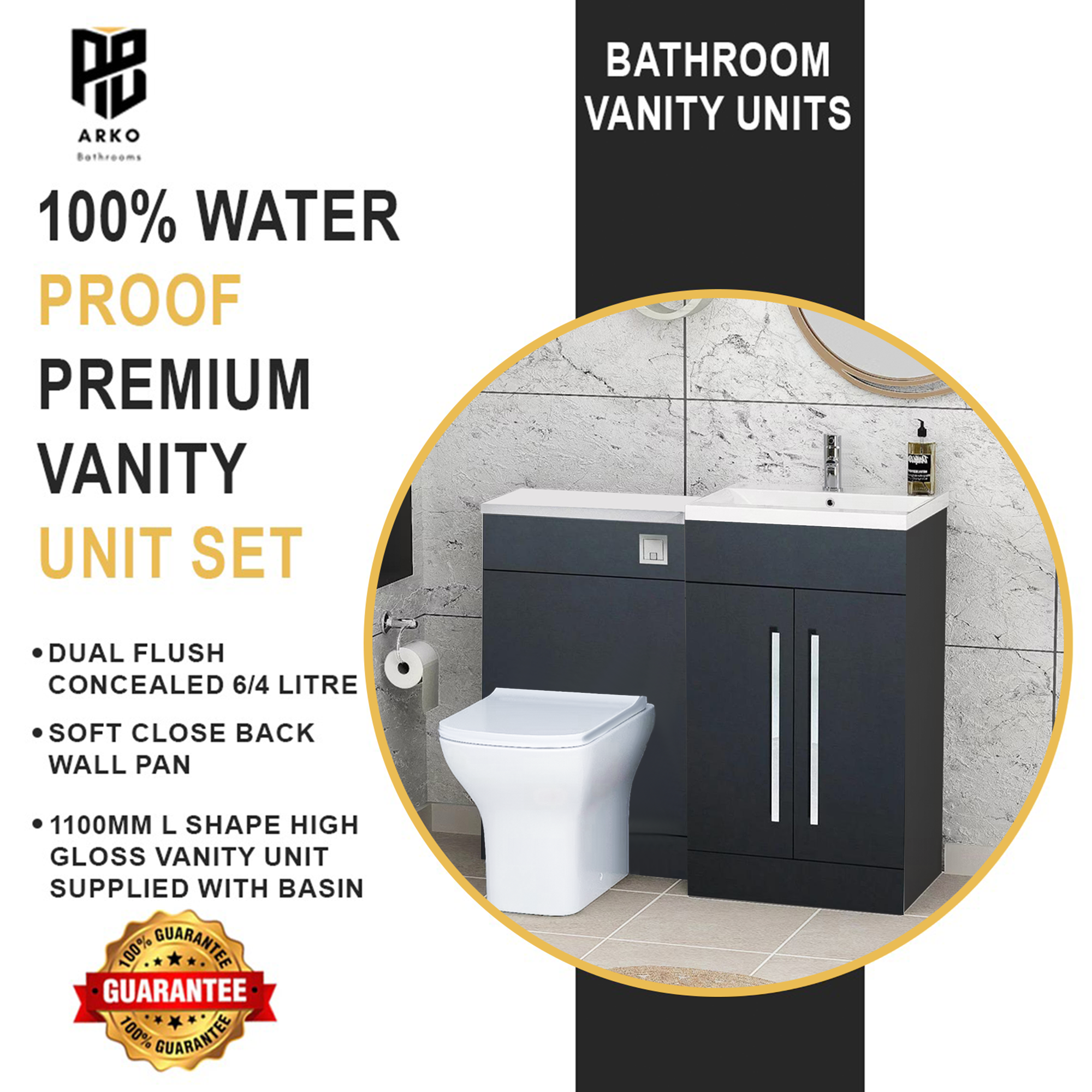 Arko Tana 1100mm Bathroom Vanity Unit Set Basin Sink Toilet WC Right Hand Furniture Storage - Anthracite