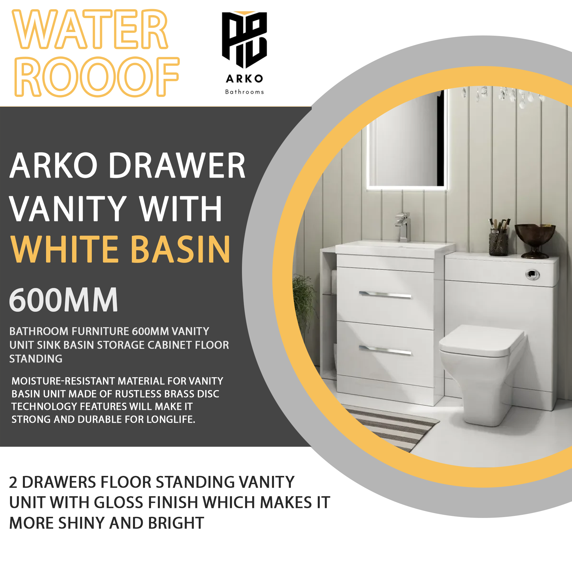 Arko 600mm Vanity Unit Bathroom Furniture Set with Basin, Concealed Toilet Pan & Soft-Close Seat – White
