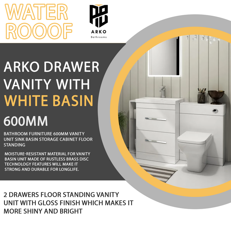 Arko 600mm Vanity Unit Bathroom Furniture Set with Basin, Concealed Toilet Pan & Soft-Close Seat – White