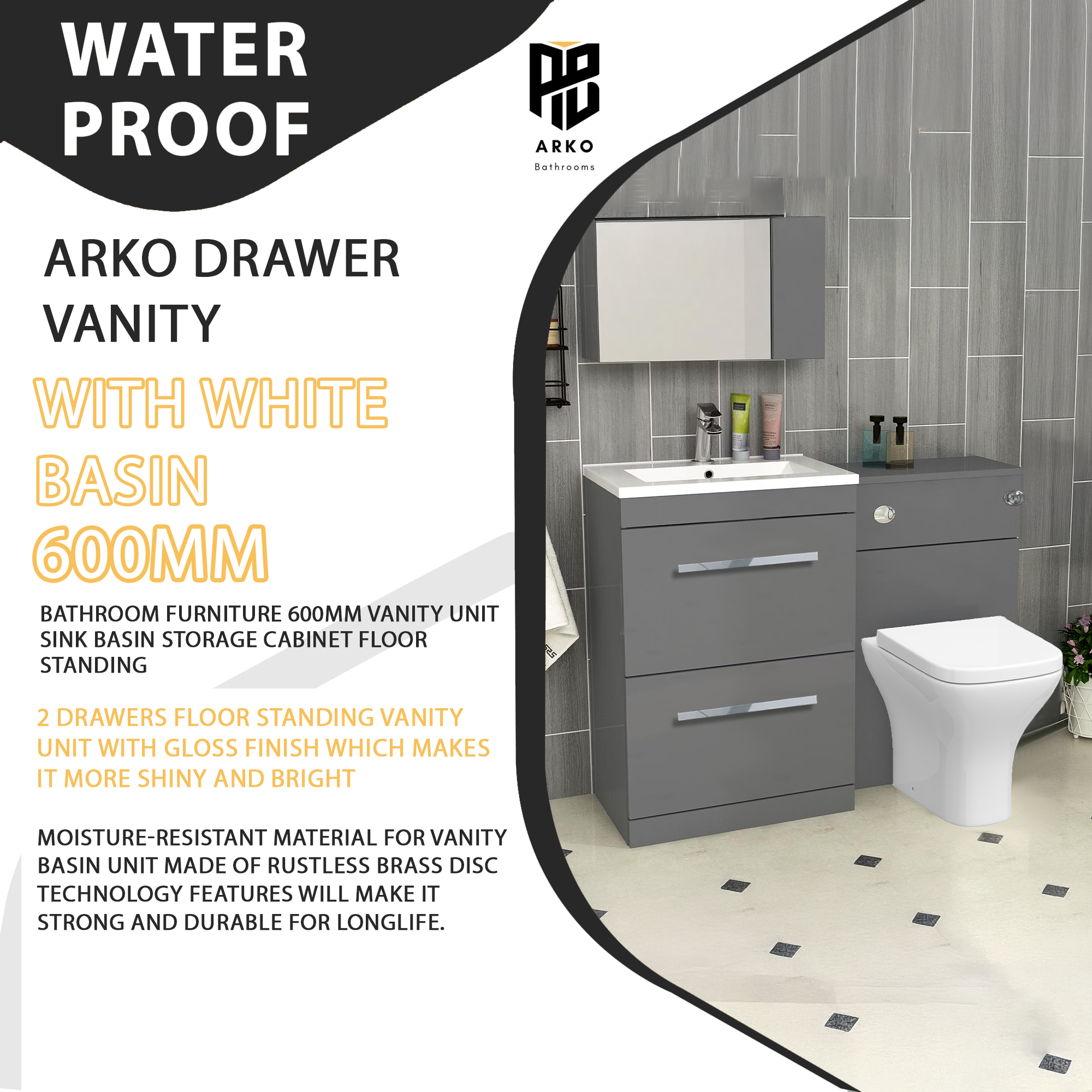 Arko 600mm Vanity Unit Bathroom Furniture Set with Basin, Concealed Toilet Pan & Soft-Close Seat – Grey