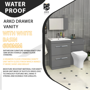 Arko 600mm Vanity Unit Bathroom Furniture Set with Basin, Concealed Toilet Pan & Soft-Close Seat – Grey