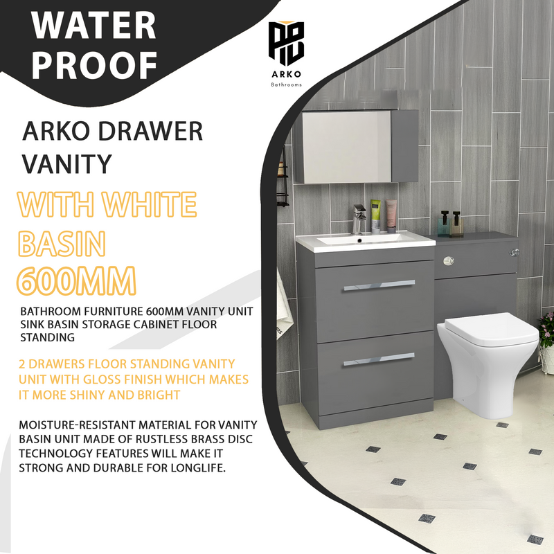 Arko 600mm Vanity Unit Bathroom Furniture Set with Basin, Concealed Toilet Pan & Soft-Close Seat – Grey