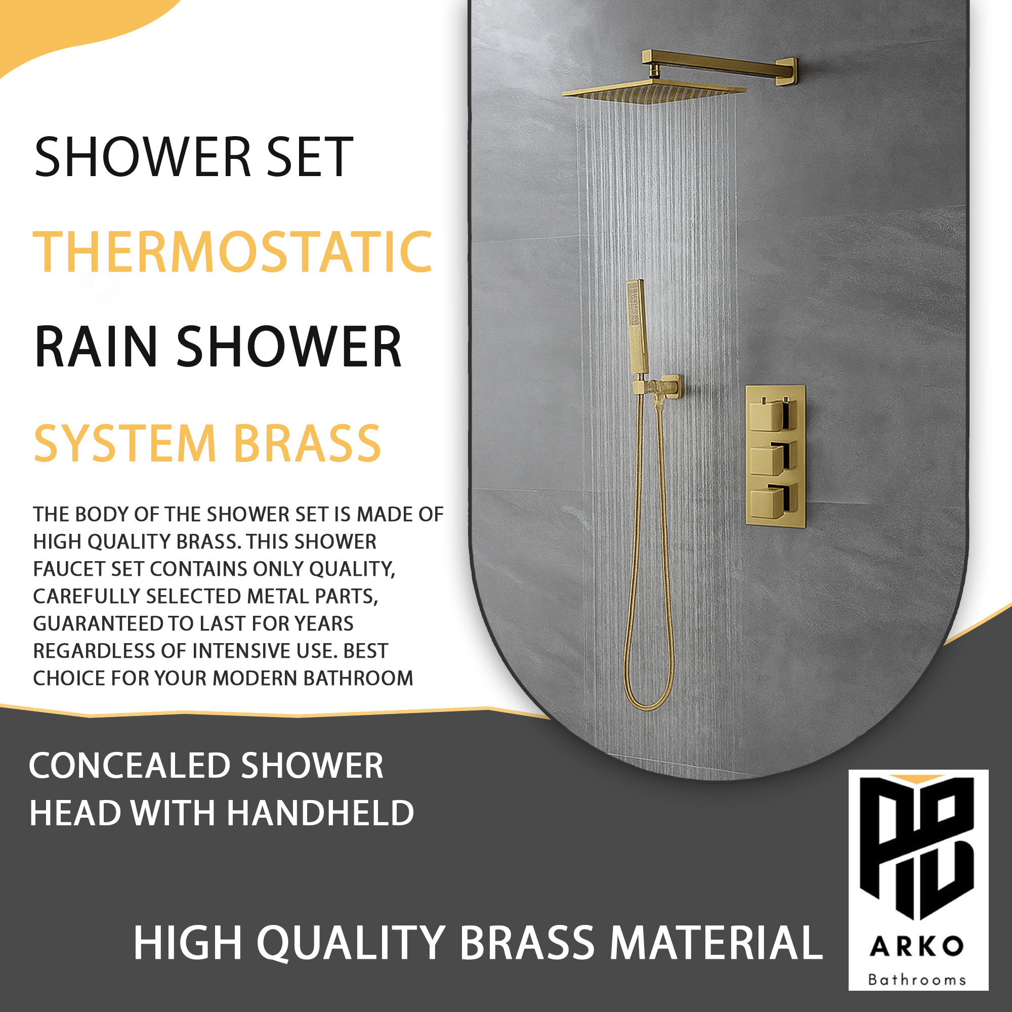 Square Concealed Brass Triple Thermostatic Shower Pack with Head + Handset – ARKO