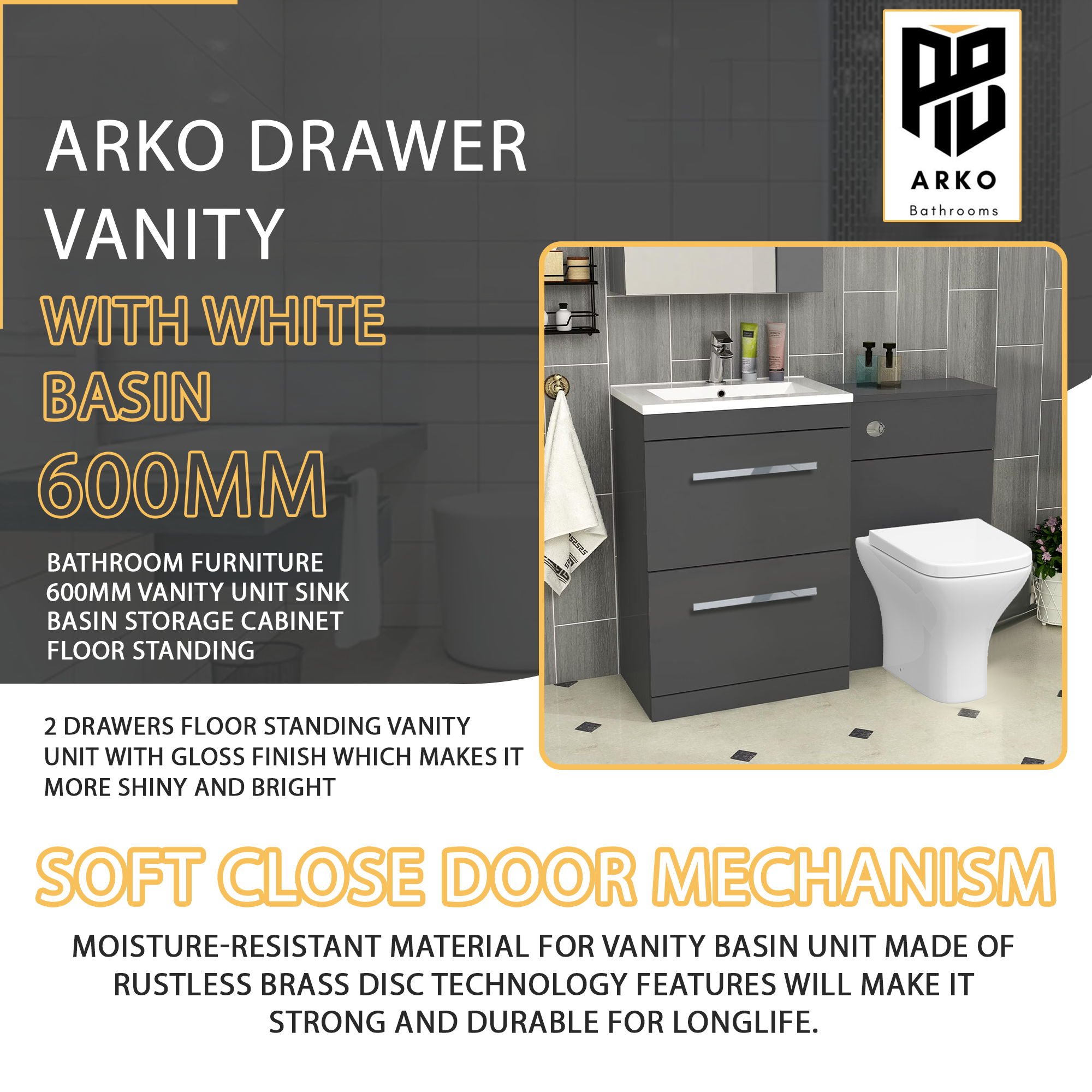 Arko 600mm Vanity Unit Bathroom Furniture Set with Basin, Concealed Toilet Pan & Soft-Close Seat – Anthracite